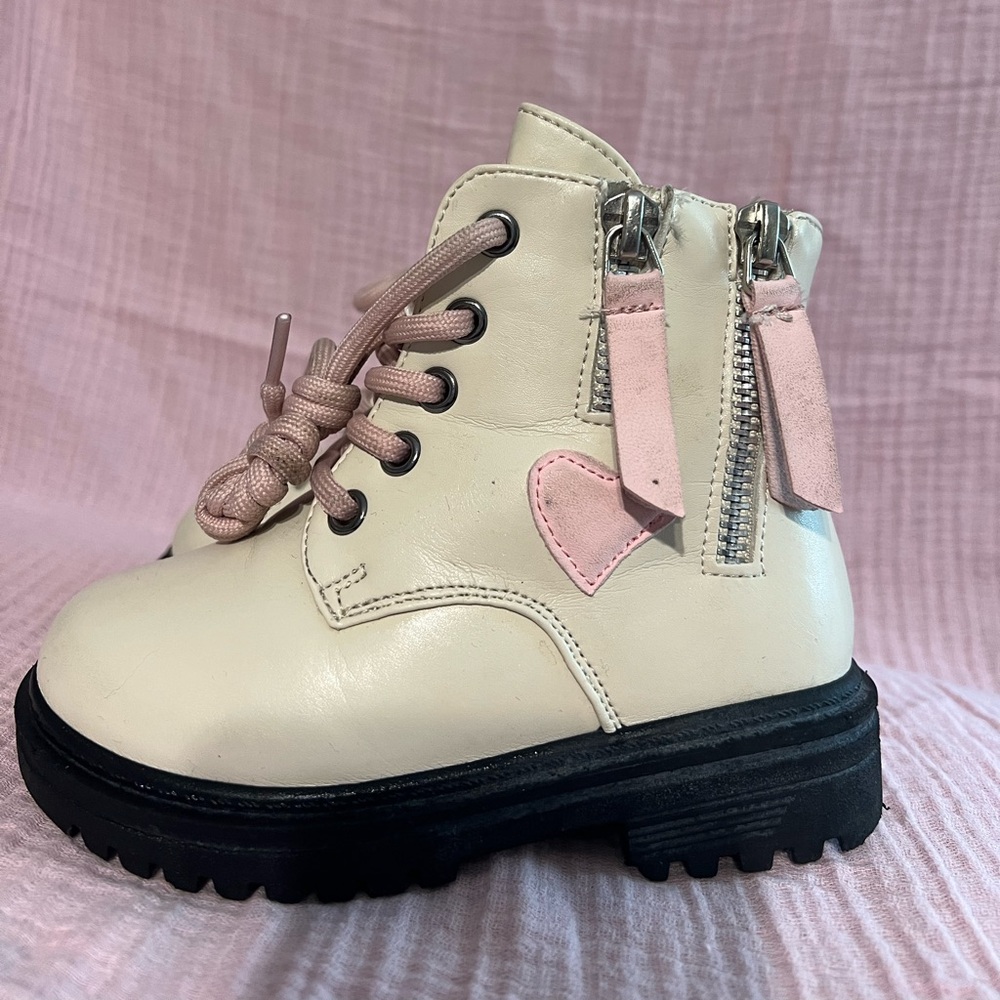 Cream and Pink Heart Ankle Boots Toddler Size 6